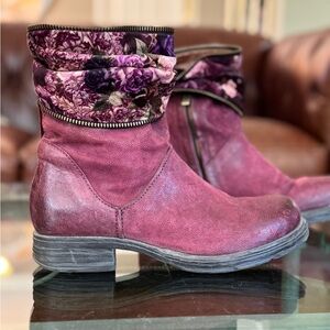 Floral Velvet Trim Ankle Boots - Purple